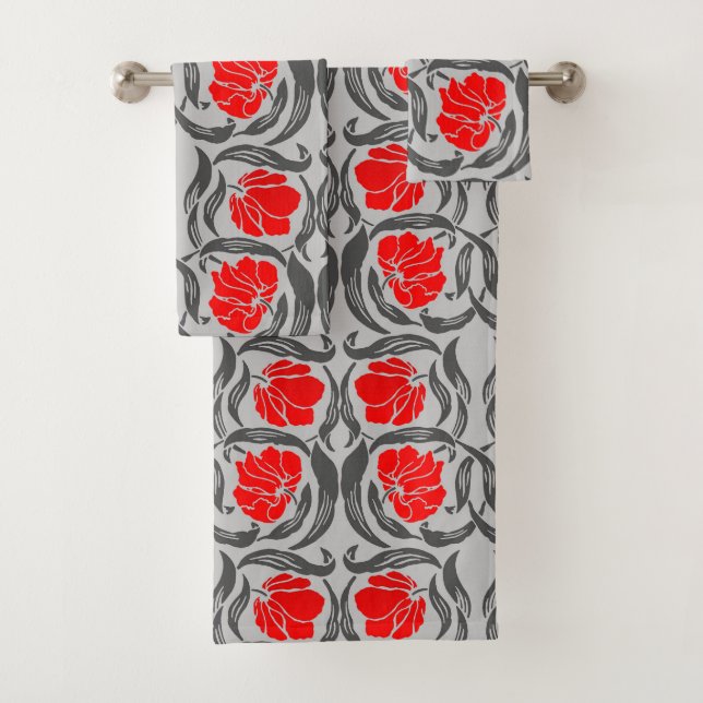 William Morris Pimpernel, Silver Grey and Red Bath Towel Set (Insitu)