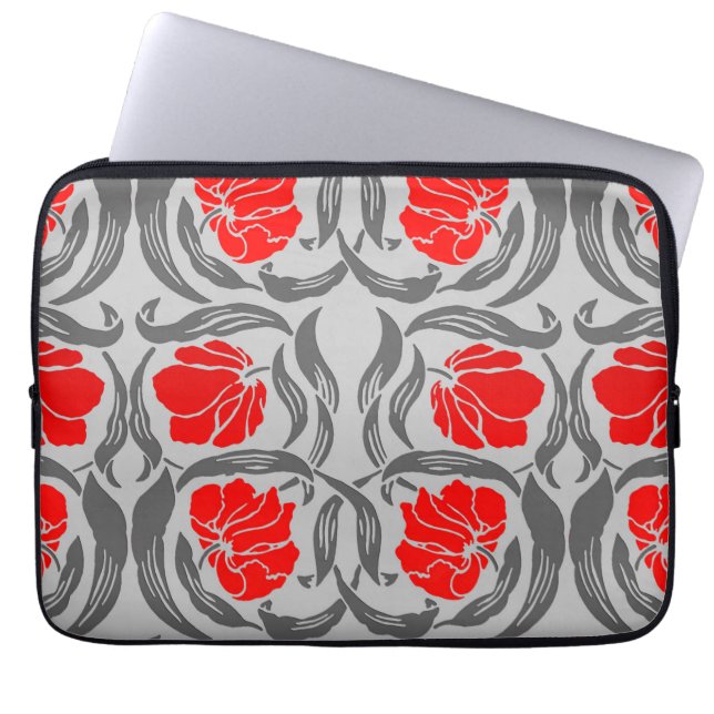 William Morris Pimpernel, Silver Grey and Red Laptop Sleeve (Front)