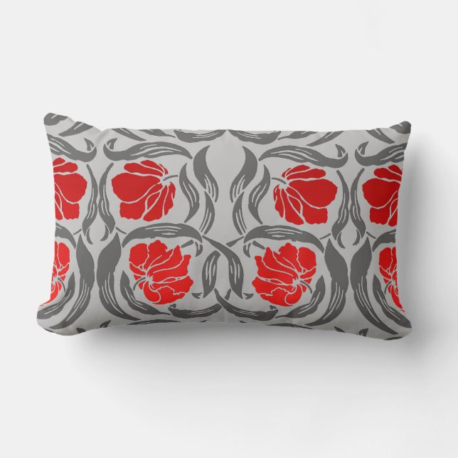 William Morris Pimpernel, Silver Grey and Red Lumbar Cushion (Front)