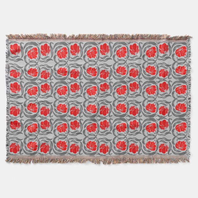 William Morris Pimpernel, Silver Grey and Red Throw Blanket (Front)