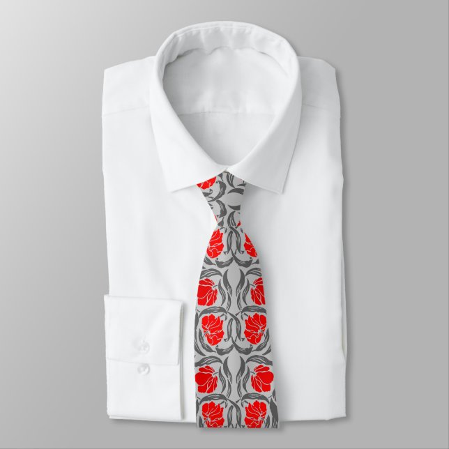 William Morris Pimpernel, Silver Grey and Red Tie (Tied)