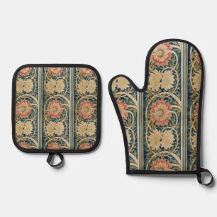 William Morris Pink Floral Silk Embroidery Antique Oven Mitt & Pot Holder Set