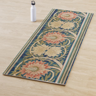 William Morris Pink Floral Silk Embroidery Antique Yoga Mat