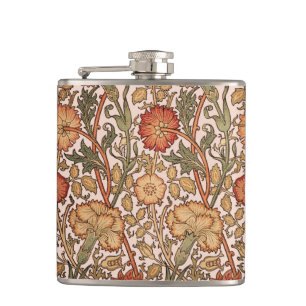 William Morris Pink Rose Flower Wallpaper Pattern Hip Flask