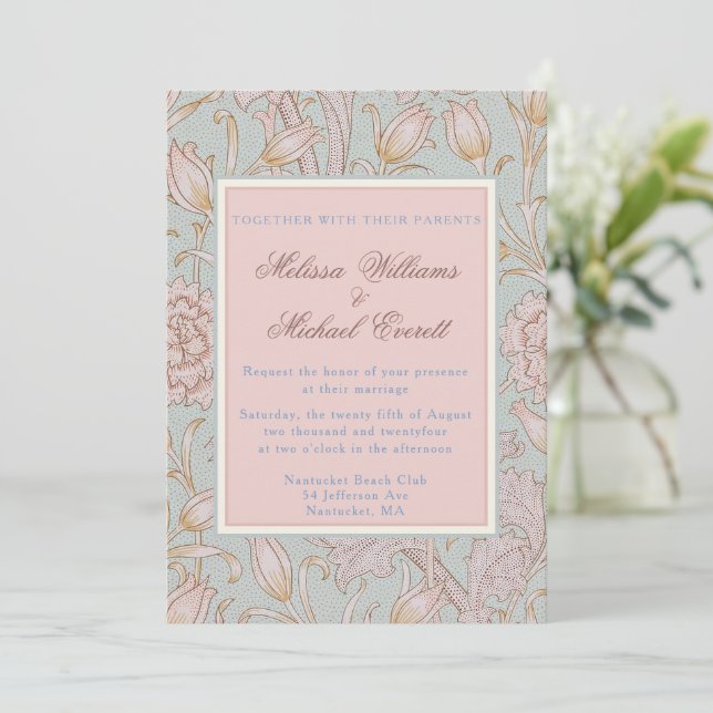 William Morris, Pink Wild Tulips Soft Blue Wedding Invitation (Standing Front)