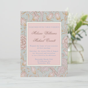 William Morris, Pink Wild Tulips Soft Blue Wedding Invitation