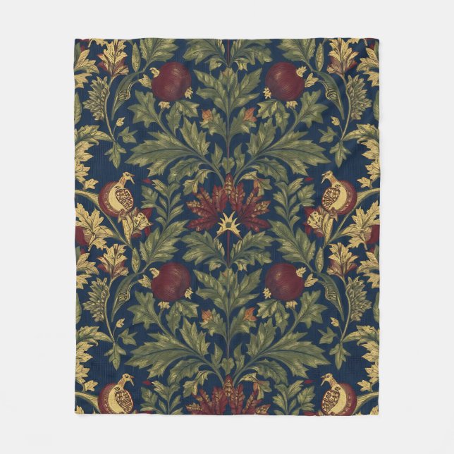 William Morris Pomegranate Floral Navy Pattern Fleece Blanket (Front)