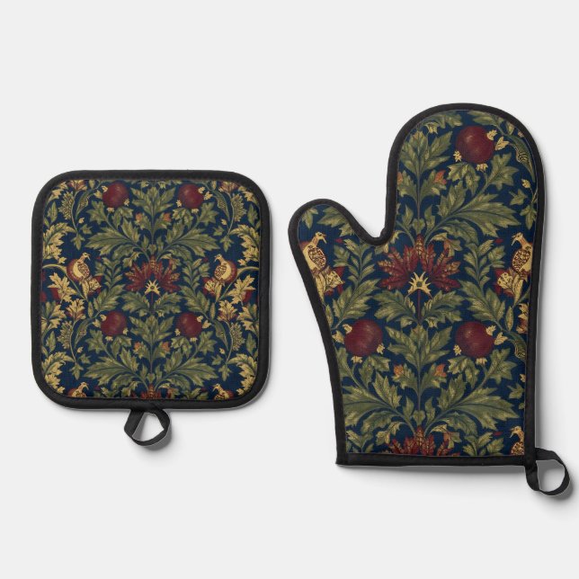 William Morris Pomegranate Floral Navy Pattern Oven Mitt & Pot Holder Set (Front)