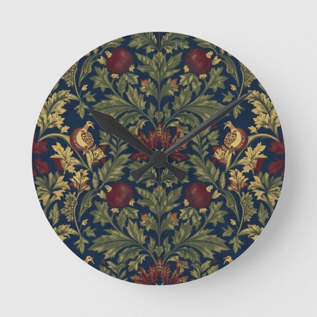 William Morris Pomegranate Floral Navy Pattern Round Clock (Front)
