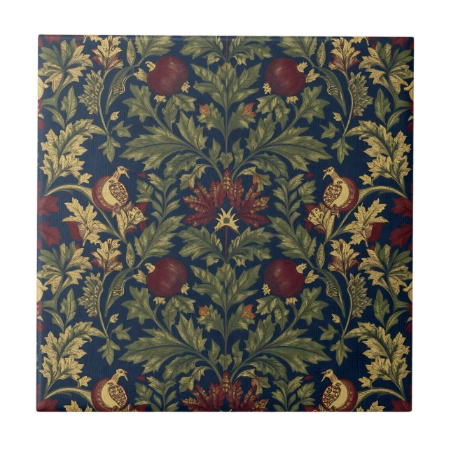 William Morris Pomegranate Floral Navy Pattern Tile (Front)