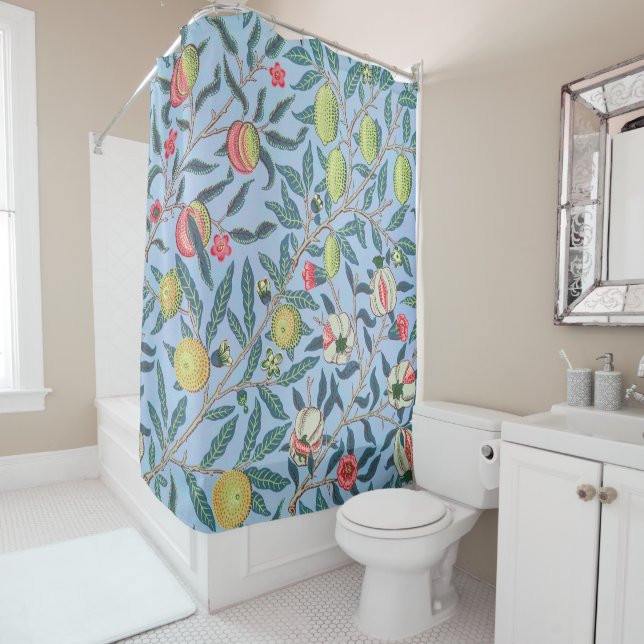 William Morris Pomegranate Pastel Fruit Pattern Shower Curtain (In Situ)