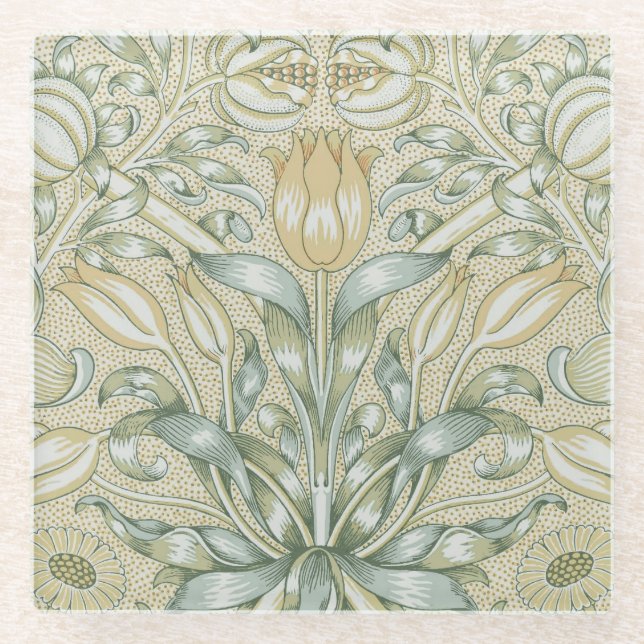 William Morris Pomegranate Pattern Antique Lily  Glass Coaster (Front)
