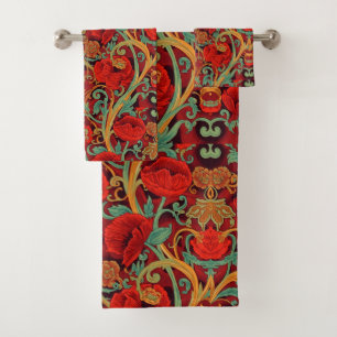 William Morris Poppies Floral Art Nouveau Pattern Bath Towel Set