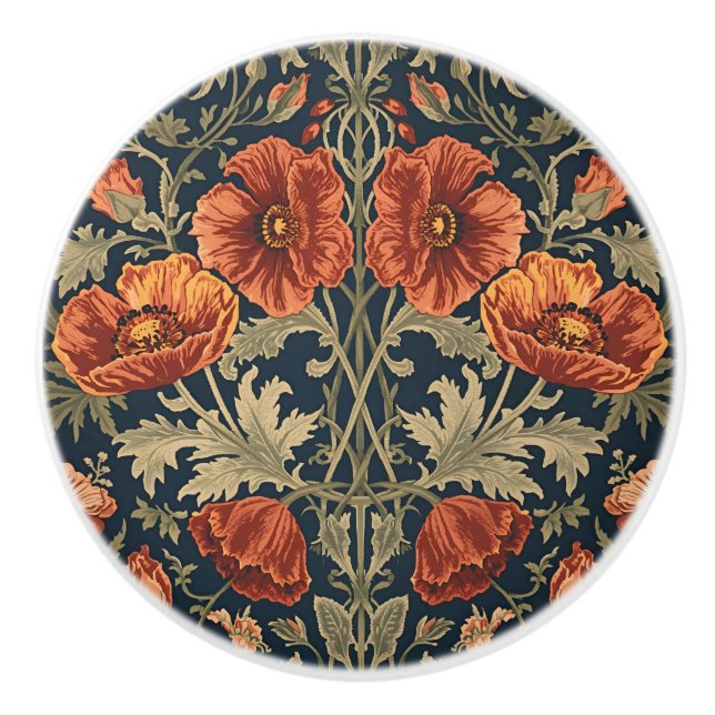 William Morris Poppies Floral Art Nouveau Pattern  Ceramic Knob (Front)