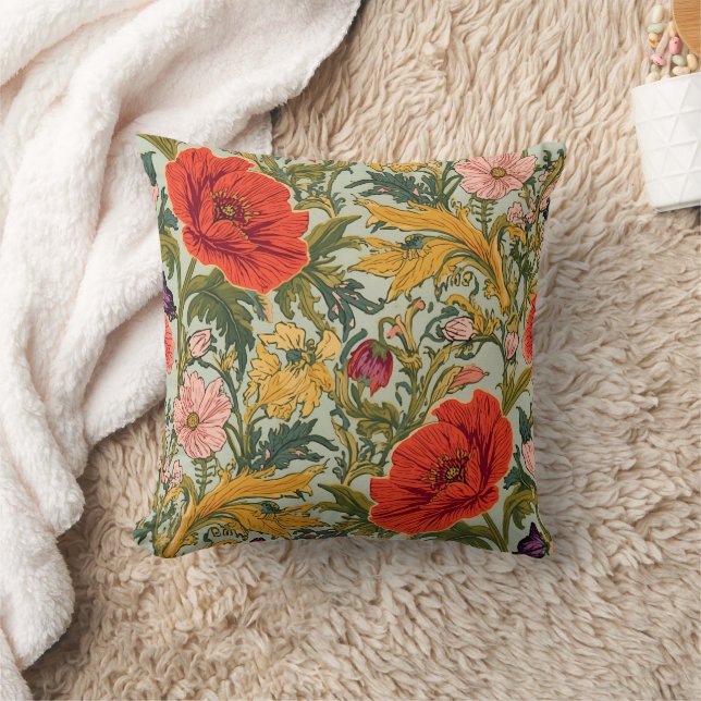 William Morris Poppies Floral Art Nouveau Pattern  Cushion (Blanket)
