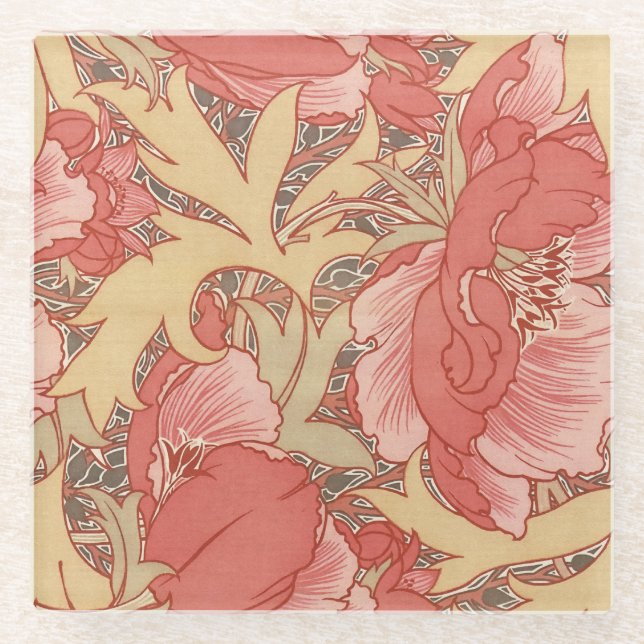 William Morris Poppies Floral Art Nouveau Pattern Glass Coaster (Front)