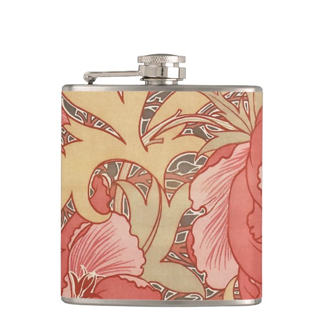 William Morris Poppies Floral Art Nouveau Pattern Hip Flask (Front)