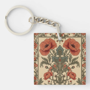 William Morris Poppies Floral Art Nouveau Pattern Key Ring