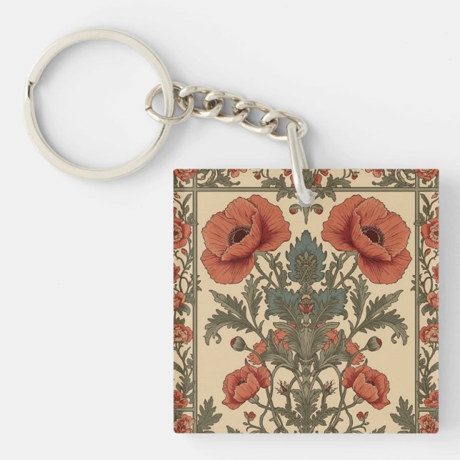 William Morris Poppies Floral Art Nouveau Pattern  Key Ring (Front)
