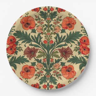 William Morris Poppies Floral Art Nouveau Pattern Paper Plate