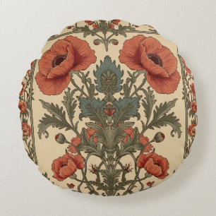William Morris Poppies Floral Art Nouveau Pattern  Round Cushion
