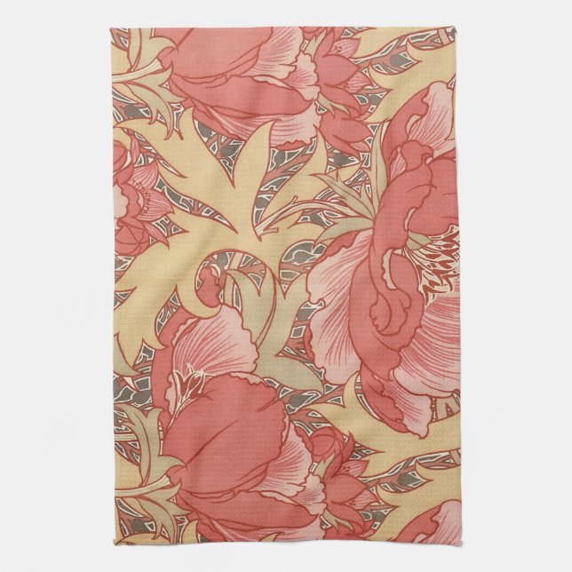 William Morris Poppies Floral Art Nouveau Pattern Tea Towel (Vertical)