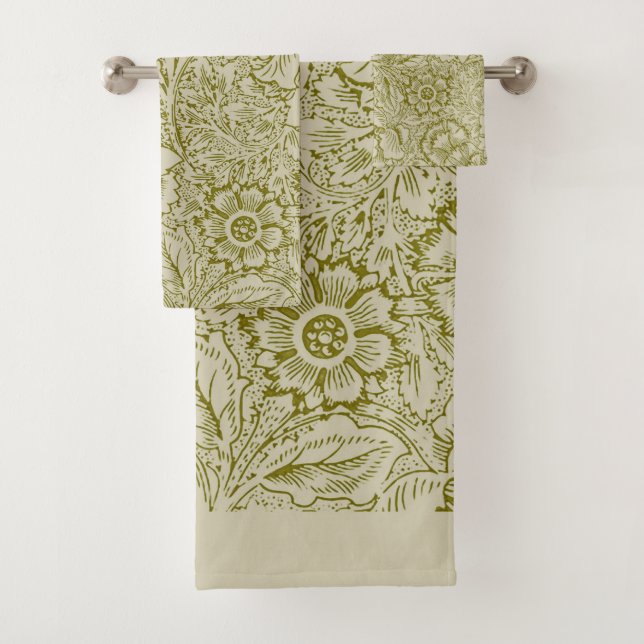 William Morris Poppy Classic Floral Green Bath Towel Set (Insitu)
