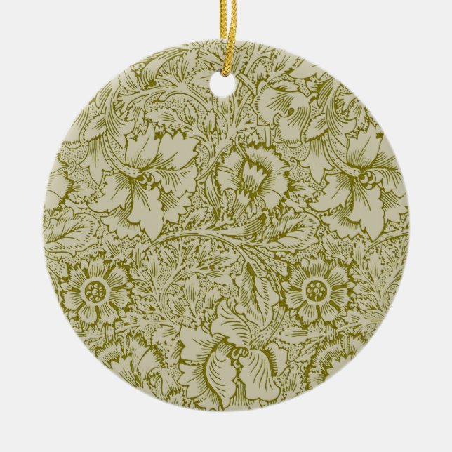 William Morris Poppy Classic Floral Green Ceramic Tree Decoration (Front)