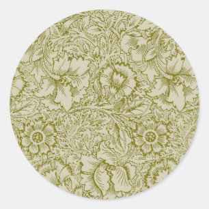 William Morris Poppy Classic Floral Green Classic Round Sticker