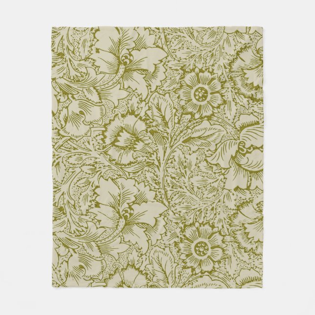 William Morris Poppy Classic Floral Green Fleece Blanket (Front)