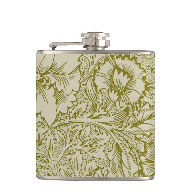 William Morris Poppy Classic Floral Green Hip Flask (Front)