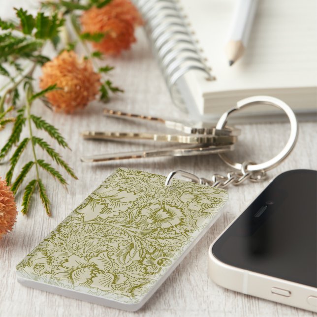 William Morris Poppy Classic Floral Green Key Ring (Front Right)
