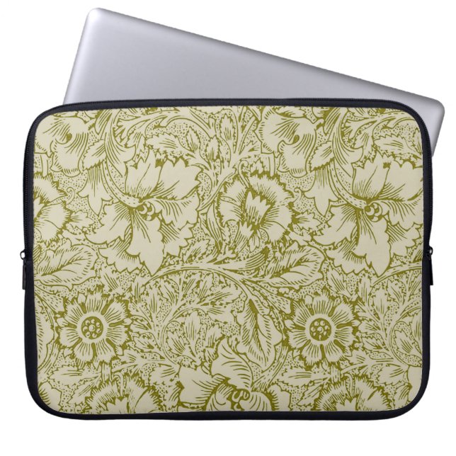 William Morris Poppy Classic Floral Green Laptop Sleeve (Front)