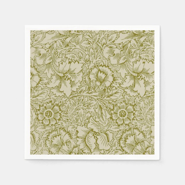 William Morris Poppy Classic Floral Green Napkin (Front)