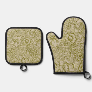 William Morris Poppy Classic Floral Green Oven Mitt & Pot Holder Set