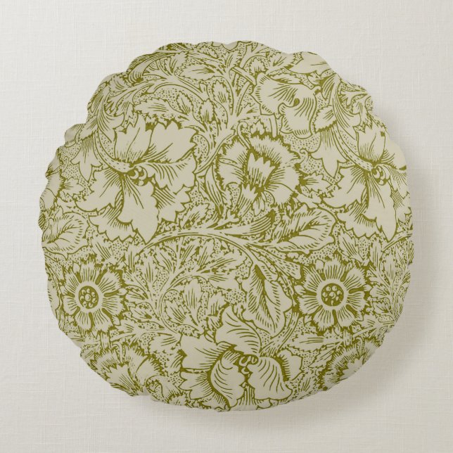 William Morris Poppy Classic Floral Green Round Cushion (Front)
