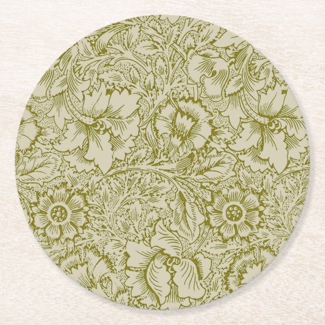 William Morris Poppy Classic Floral Green Round Paper Coaster (Front)