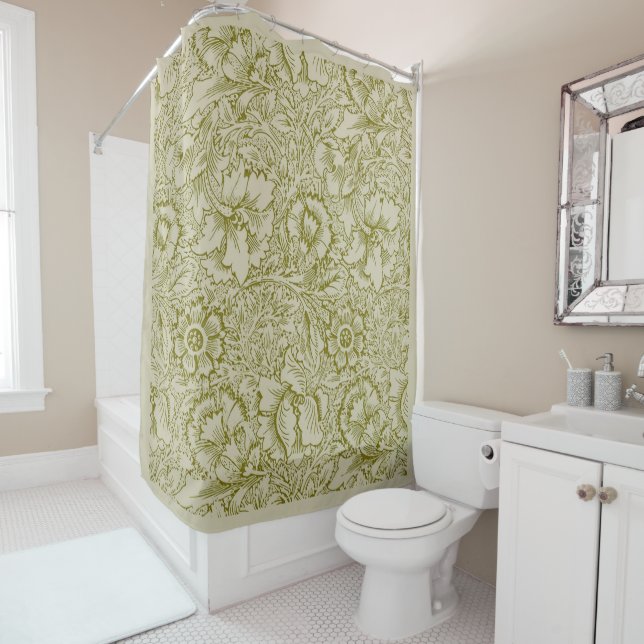 William Morris Poppy Classic Floral Green Shower Curtain (In Situ)