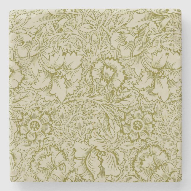 William Morris Poppy Classic Floral Green Stone Coaster (Front)