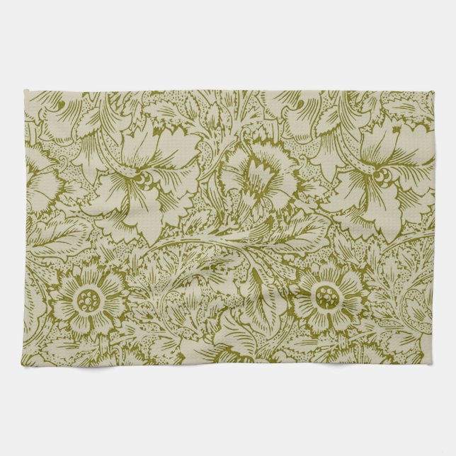 William Morris Poppy Classic Floral Green Tea Towel (Horizontal)