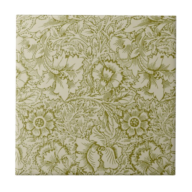 William Morris Poppy Classic Floral Green Tile (Front)