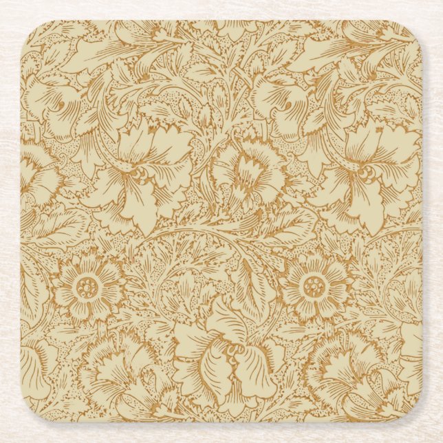 William Morris Poppy Floral Wallpaper Square Paper Coaster (Front)