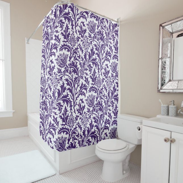 William Morris Purpland White Thistle Custom Shower Curtain (In Situ)