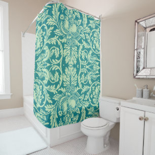 William Morris Queen Anne Teal Bird Floral Art Shower Curtain