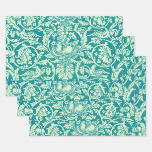William Morris Queen Anne Teal Bird Floral Art Wrapping Paper Sheet