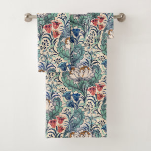 William Morris Red Blue Teal Floral Pattern Bath Towel Set