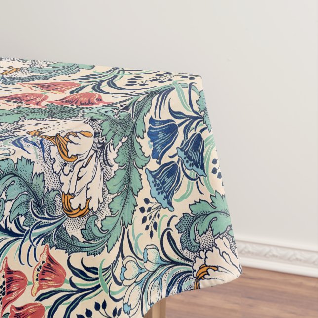 William Morris Red Blue Teal Floral Pattern Tablecloth (In Situ)