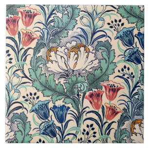 William Morris Red Blue Teal Floral Pattern Tile
