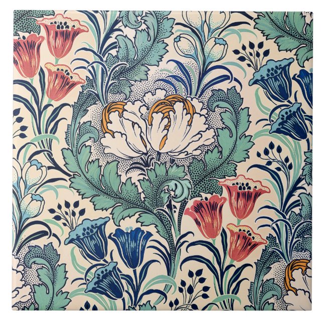 William Morris Red Blue Teal Floral Pattern Tile (Front)