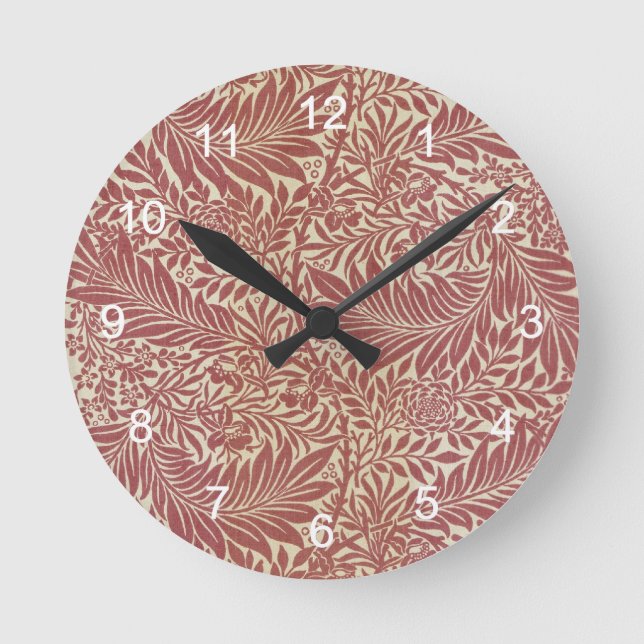 William Morris Red Floral Wallpaper Design Round Clock (Front)